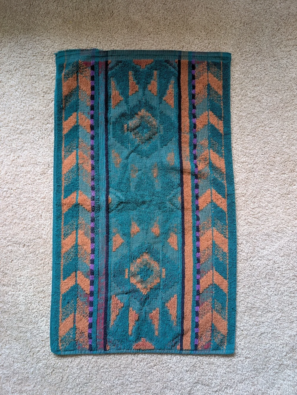 Vintage Fieldcrest Teal Orange Tribal Aztec Print Cotton Hand Towel